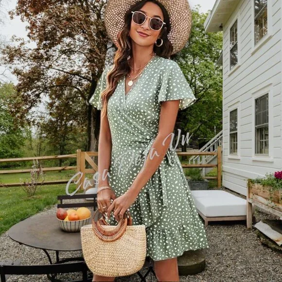 Ready for Spring Light Airy V Neck Wrap Midi Patterned Sage Ruffle Drop Dress - Picture 4 of 13